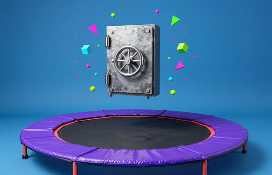 metallic safe floating above trampoline in surreal 3d render, studio environment, imaginative space