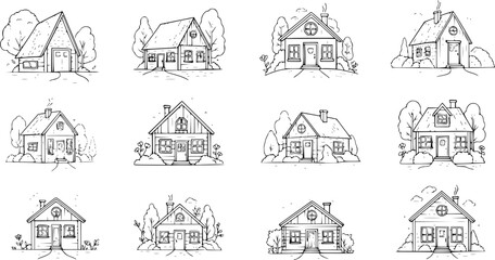 Naklejka premium minimalist black and white house illustrations set six residential facades vector icons for architecture projects