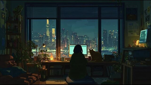 Tranquil Night Home Office Scene With Lofi Girl And Cat Cityscape View Cozy Workspace Lofi Loop Animation