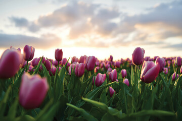 A stunning view of pink tulips reaching towards the dusk sky, capturing the beauty of nature and evoking a sense of peace and tranquility in the evening light.