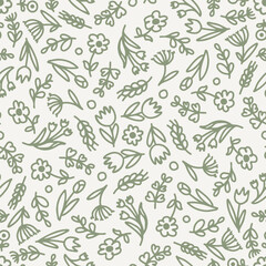 Fototapeta premium Seamless Sage Green Wildflower Doodle Pattern on Light Beige Background