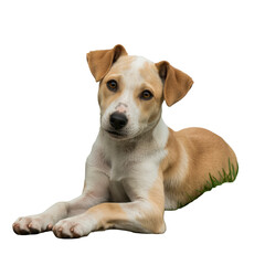 Cute tan and white puppy dog lying down, looking at camera, isolated PNG with Transparent Background