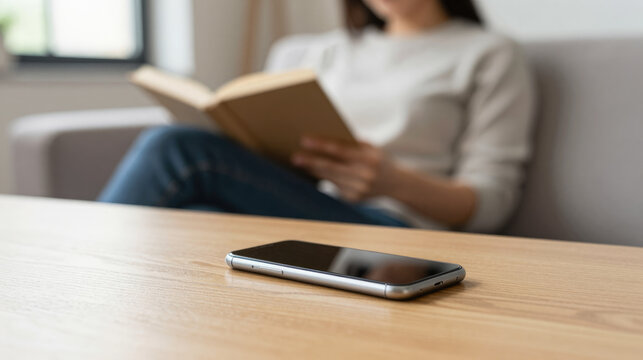Phone on wooden table with blurred reader practicing digital detox and enjoying quiet time reading book in living room