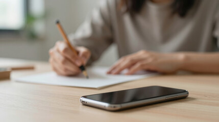 Smartphone on table paper and pencil digital detox scene with person writing focused calm productivity