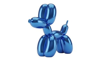 A shiny blue balloon animal dog sculpture stands alone on a white background