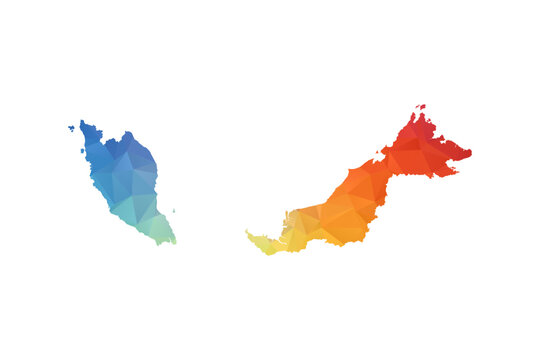 Malaysia Map - Polygon Style Vector Illustration in Rainbow Gradient, Low Poly Multicolor Geometric Design, Isolated on White Background, Suitable for Reports, and Creative Projects.