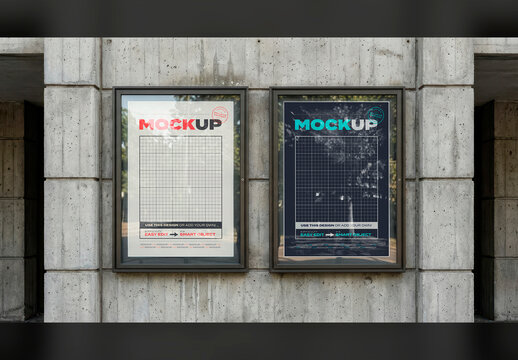 Concrete Wall with Two Movie Poster Frames Mockup
