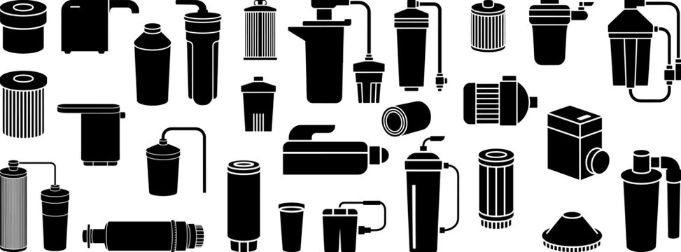 Various stylized Water filtration silhouettes collection, including filter cartridge, purifier unit, sediment filter, RO membrane housing, for instructional or commercial use flat vector format.