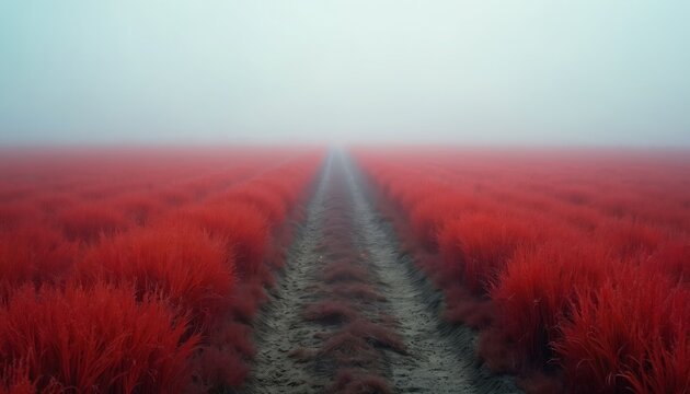 Dirt path cuts through endless red grass field towards foggy horizon. Mist covers landscape creating tranquil, serene, atmospheric, empty scene. Autumnal nature perspective.