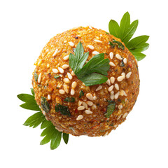 Close-up shot of a falafel with sesame seeds and parsley leaves, demonstrating food photography Isolated Transparent Background, PNG