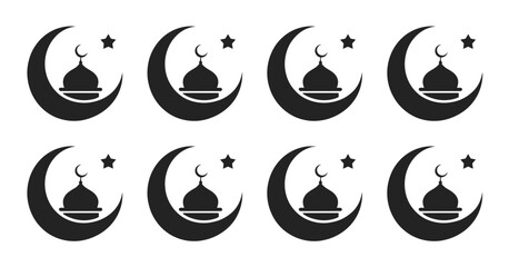 Collection of Islamic crescent moon mosque dome and star vector icons for Ramadan and Eid celebration design, top ranked holiday visuals, invitation templates, event posters, digital wallpapers © Vector Gallery