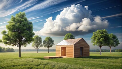 Obraz premium Sustainable Wooden Cottage in a Serene Meadow Landscape Under a Dramatic Sky