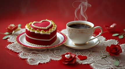 Fototapeta premium a Valentine's Day or birthday greeting card, featuring a small plate with a red heart-shaped cake, placed on a delicate lace tablecloth, accompanied by a warm cup of coffee