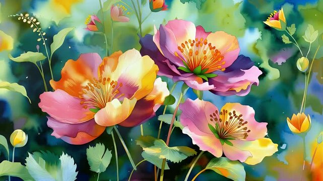 Watercolor floral garden painting with pink, yellow, and orange blossoms