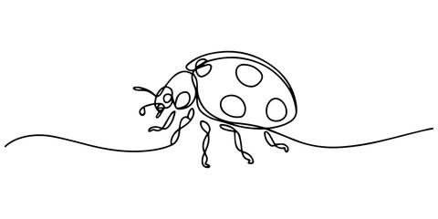 Elegant continuous one line drawing of a ladybug crawling on a stem minimalist art vector, One continuous line drawing of Ladybug insect vector illustration. Insect animal themes in simple linear pro. © Gerish