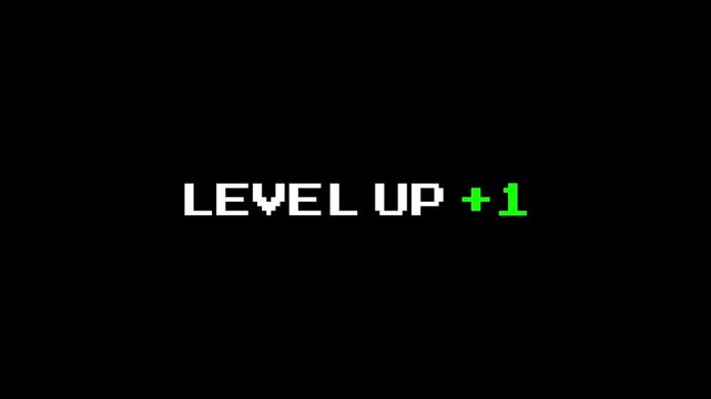 Level up pixel 1 displayed in pixelated text over a black background. Perfect for gaming content, tutorials, or enhancing digital designs.