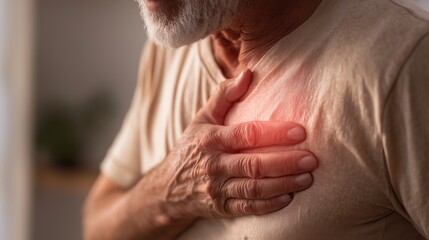 Elderly man with chest pain. Heart attack risk concept. Cardiology and emergency care. Cardiovascular disease symptoms. Urgent medical condition theme.