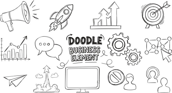 Business Doodle Elements Set with Rocket Megaphone Target and Growth Charts Vector Sketch