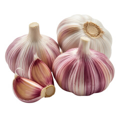 Fresh garlic bulbs and cloves with purple stripes, culinary ingredient isolated PNG with Transparent Background