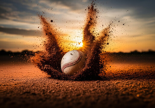 A baseball lies in the dirt on a baseball field at sunset