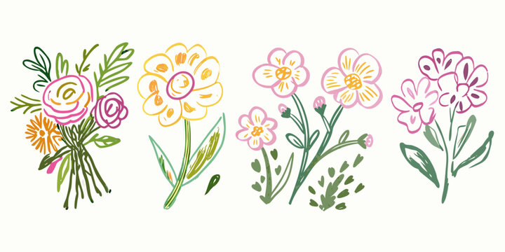 Sketch crayon style modern simple flower art poster or placard collection. Ink, charcoal, pencil or chalk style Colorful hand drawn flowers illustration set. 