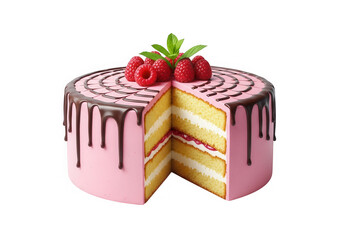 Delicious raspberry cake with chocolate drips isolated on transparent background