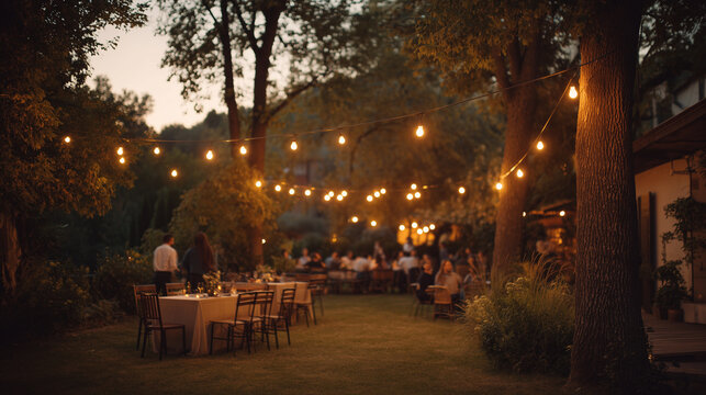 Outdoor garden dinner party during the evening. Warm string lights glow at a festive wedding celebration, summer event, or restaurant gathering with people and tables.