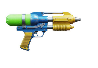 Blue and yellow water gun isolated on transparent background for summer fun