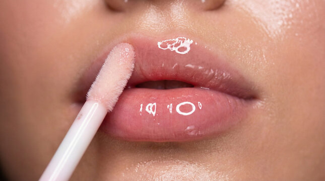 Close up of glossy pink lips with application of liquid lip gloss using wand applicator, professional makeup and beauty routine