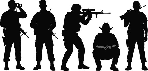 Military Soldier Silhouettes Collection with Tactical Weapons and Combat Poses Isolated on White Background Vector Illustration for Defense and Security Design © Shahariar's World