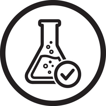 Laboratory flask icon with checkmark, science experiment success symbol, chemical testing approved sign, black and white vector eps
