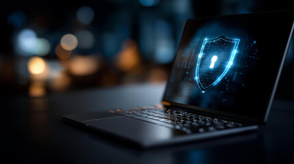 Secure digital bubble protecting laptop, cybersecurity shield visualization, device protection concept, encrypted workspace safety, data security technology, defocused background elements, with
