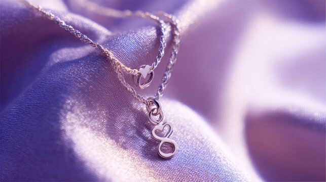 Close-up of intertwined necklaces each with a small female symbol charm, soft-focus fabric background, elegant lighting, gentle purple tint, minimal a??8 Marcha?? tag in corner