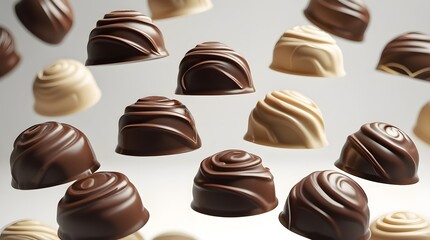 sweet chocolate pralines with rich, velvety textures and delicate, swirling patterns, suspended against a clean and minimalist white background