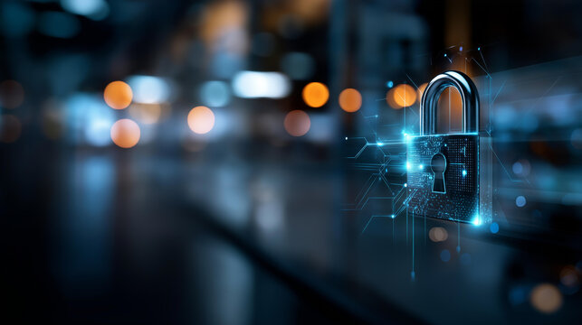 AI technology digital protection cybersecurity, data encryption server protection, privacy security, large data network technology infrastructure, defocused background elements, with copy space