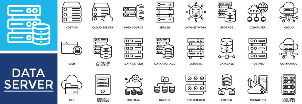 Data Server icon set collection. Containing database, server, computing, monitor, plan, strategy, document .Line vector icons collection