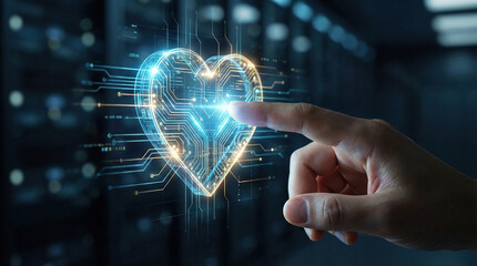 A finger touching a radiant glowing circuit-patterned heart icon