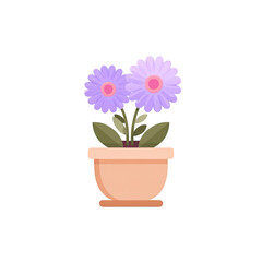 Fototapeta premium Cartoon illustration featuring two purple flowers in a clay pot against a black backdrop