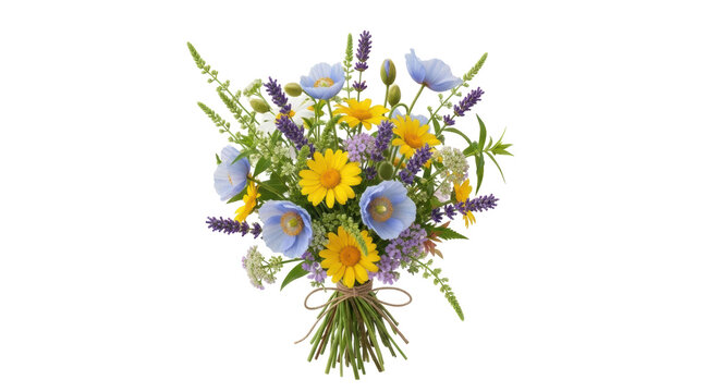 Charming bouquet of blue and yellow wildflowers isolated PNG, a delightful floral arrangement on transparent background for spring designs