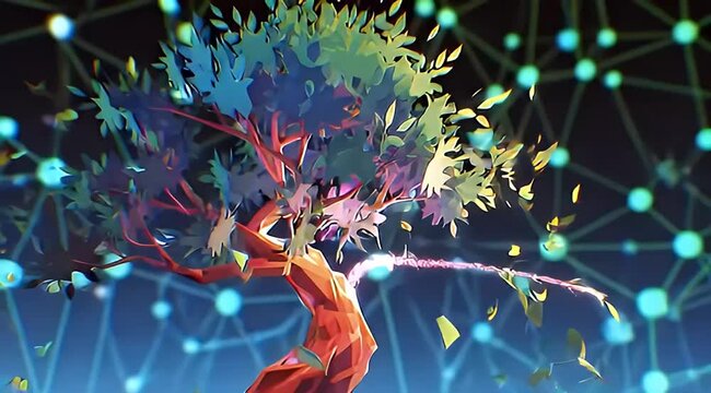 Abstract tree with glowing light in a connected network world background