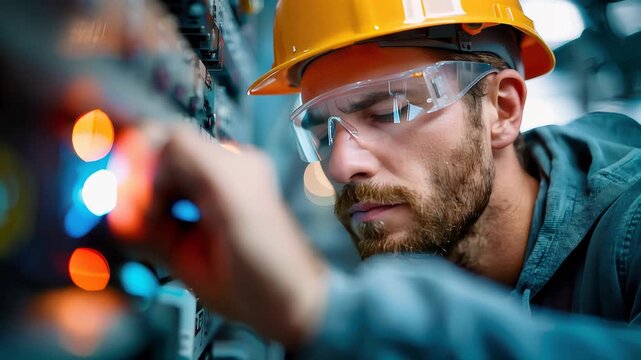 Industrial technician in hardhat and safety glasses adjusting an electrical control panel in a factory environment