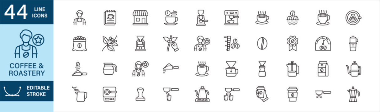 Coffee shop icon set. Cafe and Roastery icons set. Contain icon symbol of barista, espresso machine, grinder, coffee bean, roasting, coffee ground, latte, cups, kettle, cafe, menu, porta filter.