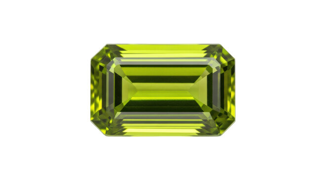 Emerald cut peridot gemstone isolated PNG, vibrant green olivine crystal for jewelry design and luxury aesthetics on transparent background
