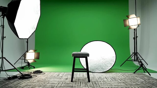 Empty studio setup with green screen and lighting equipment for photography