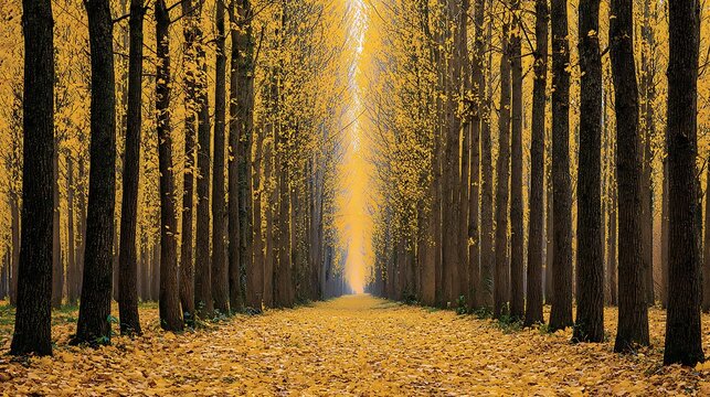 A perspective forest path with tall, bare trees, foliage covered ground, and golden light