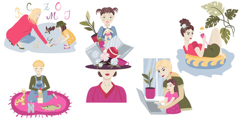 Set of illustrations of a mother or nanny taking care of children while they study, play and do daily household chores, representing modern childcare and family lifestyle