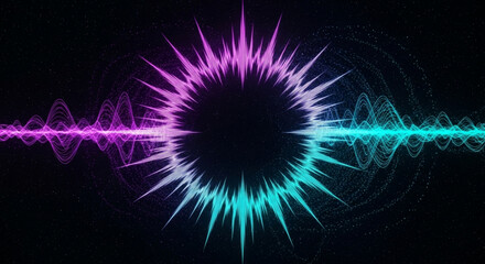 Fototapeta premium Vibrant sound wave explosion with purple and blue hues on a black background representing audio energy and technology
