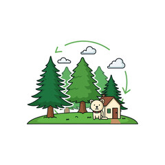Obraz premium Cute dog by house in forest with air quality cycle