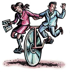 couple rides a giant CD which is now a unicycle, woman holds directors clapboard © Lisa Haney