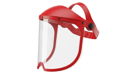 Red face shield PNG isolated on transparent background, protective equipment for safety and healthcare professionals, personal protection